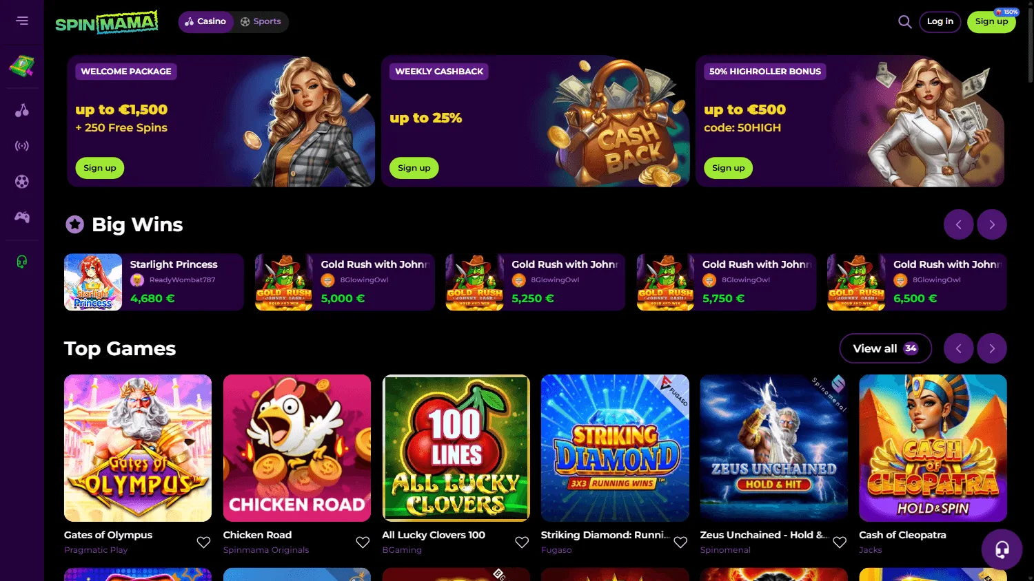 Spinmama Casino home page on desktop