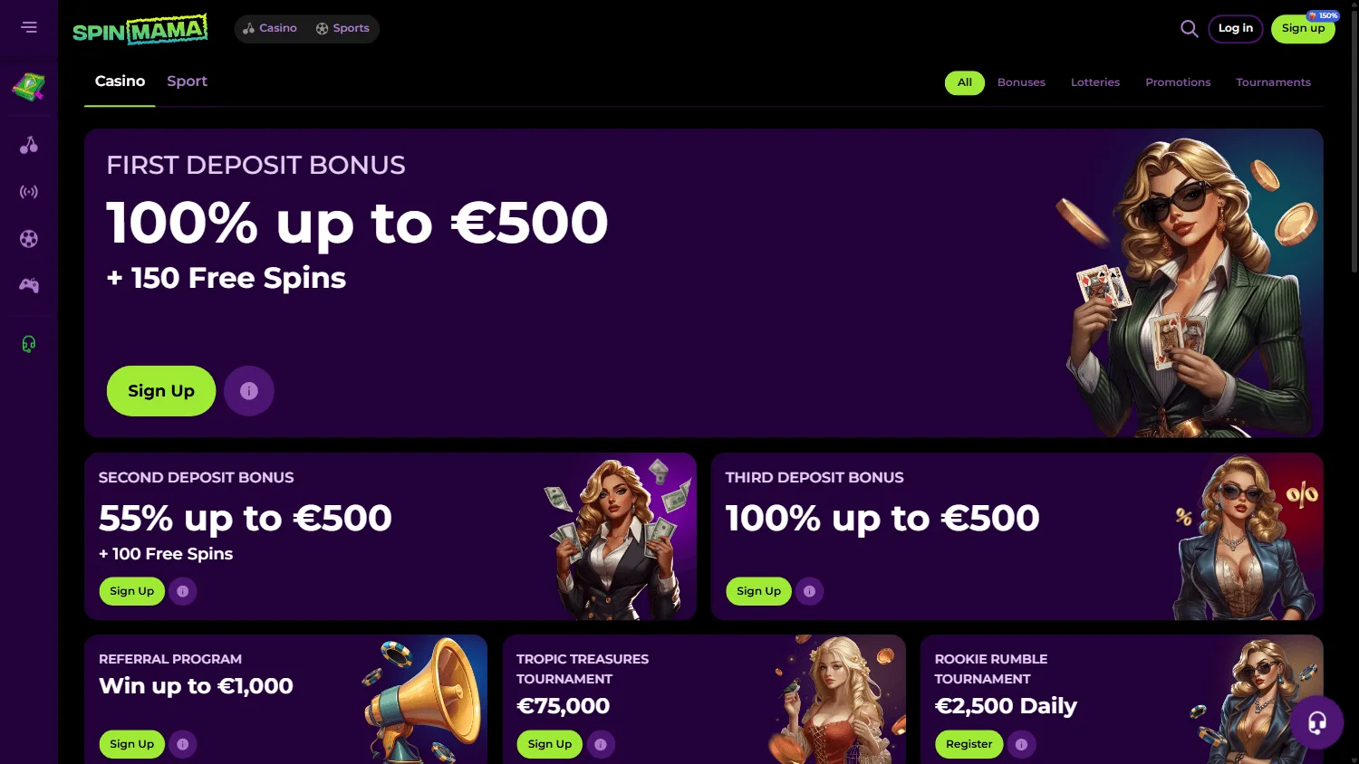 Spinmama Casino promotions page on desktop